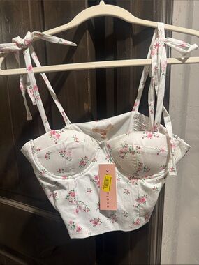 Floral Tie-Shoulder Bustier Crop Top in White with Pink Blossoms